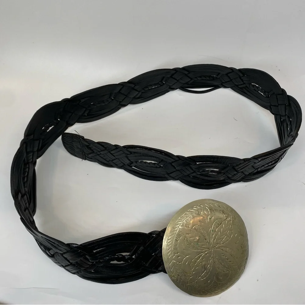 LADIES BELT ONE SIZE MOROCCO CONCHO SILVER BLACK LEATHER BRAIDED WOVEN WESTERN - Picture 9 of 9